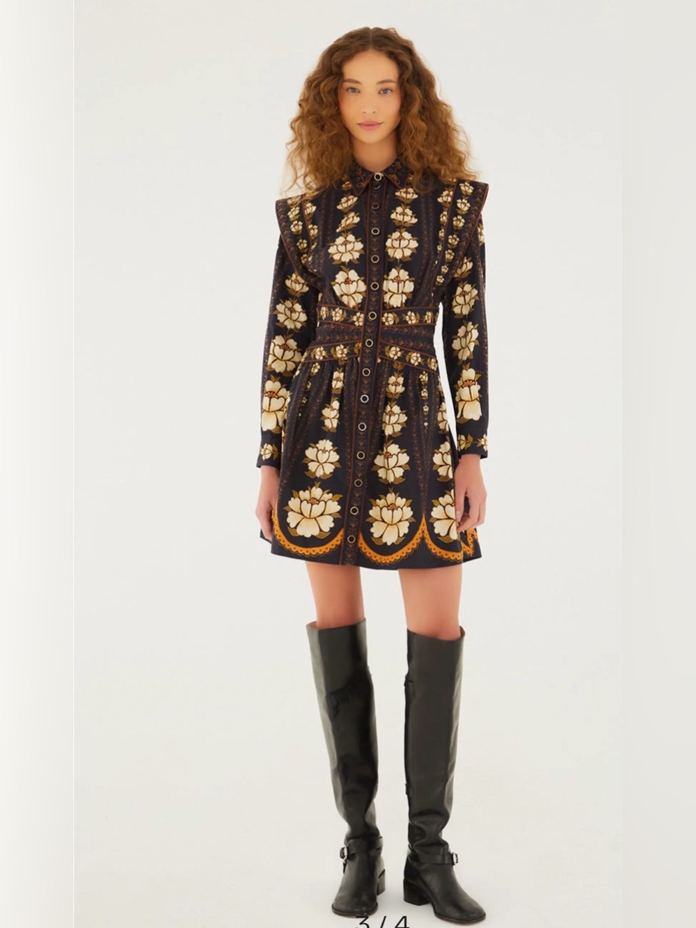 FARM Rio Black Floral Long-Sleeve Button Dress with Cream & Gold Accents - Picture 2 of 3